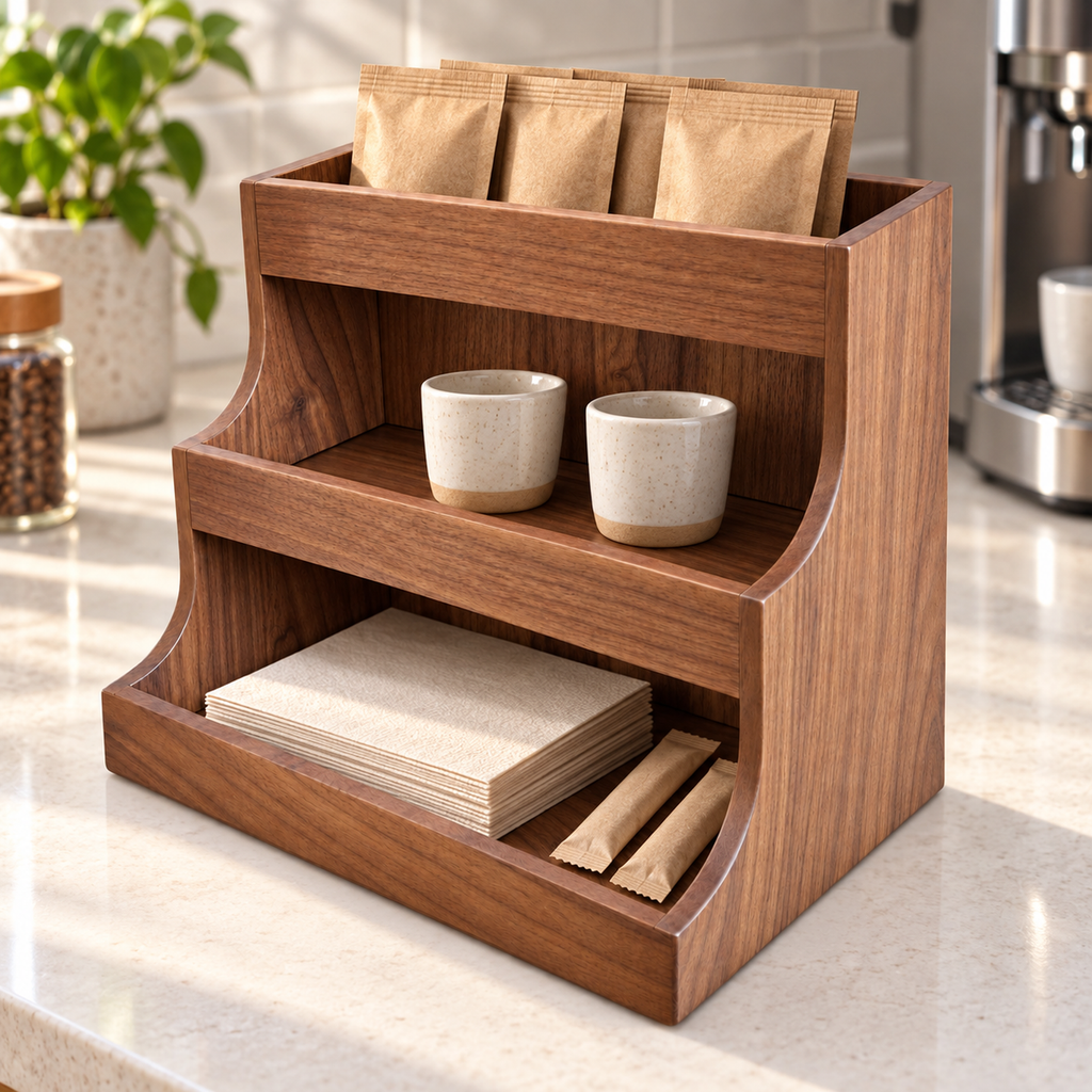 Walnut three-tier coffee organizer holding sachets, small cups and napkins on a bright counter