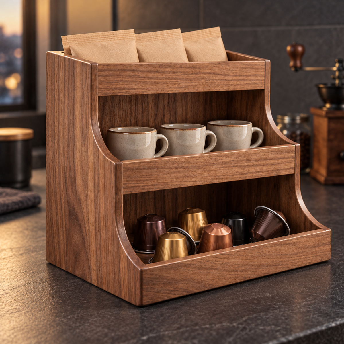 Left-angle view of walnut coffee organizer with espresso cups and capsules on dark countertop