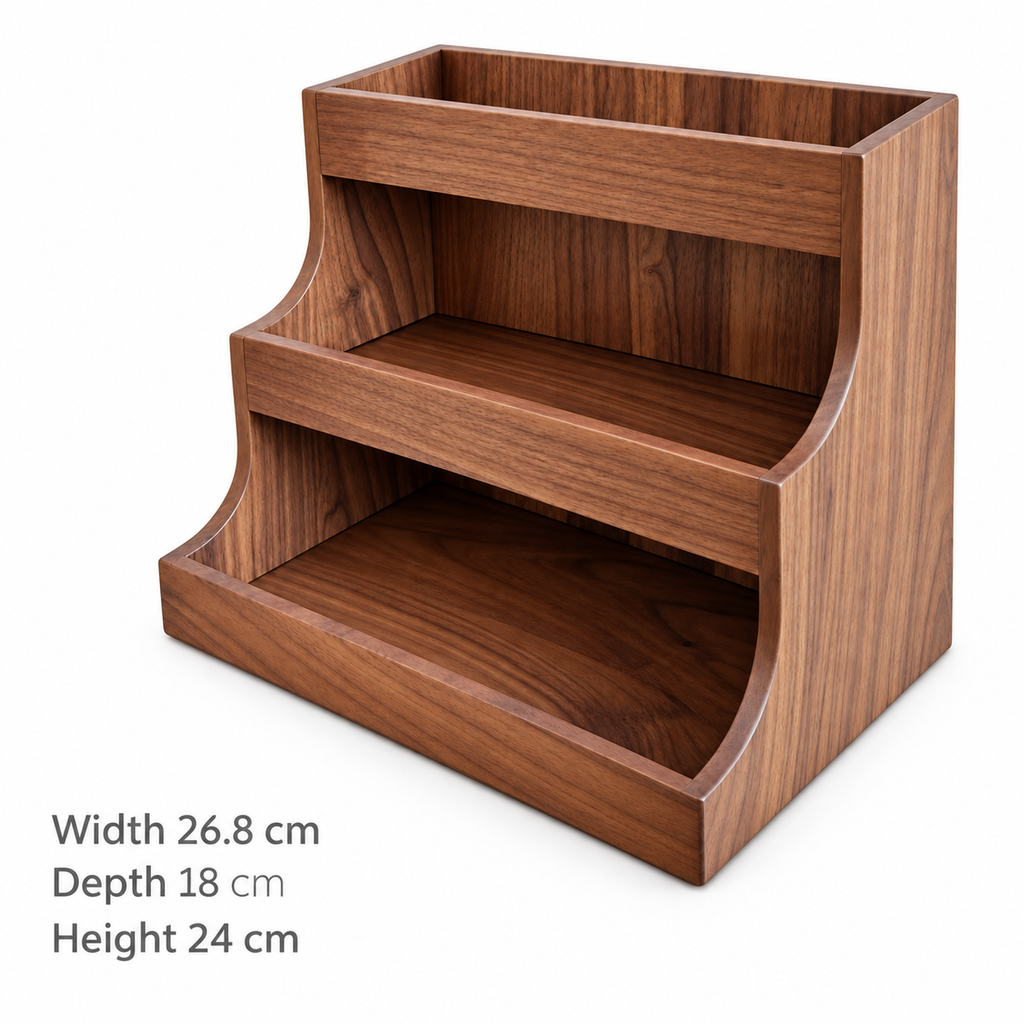Three-tier coffee organizer dimensions: 26.8 cm wide, 18 cm deep and 24 cm high