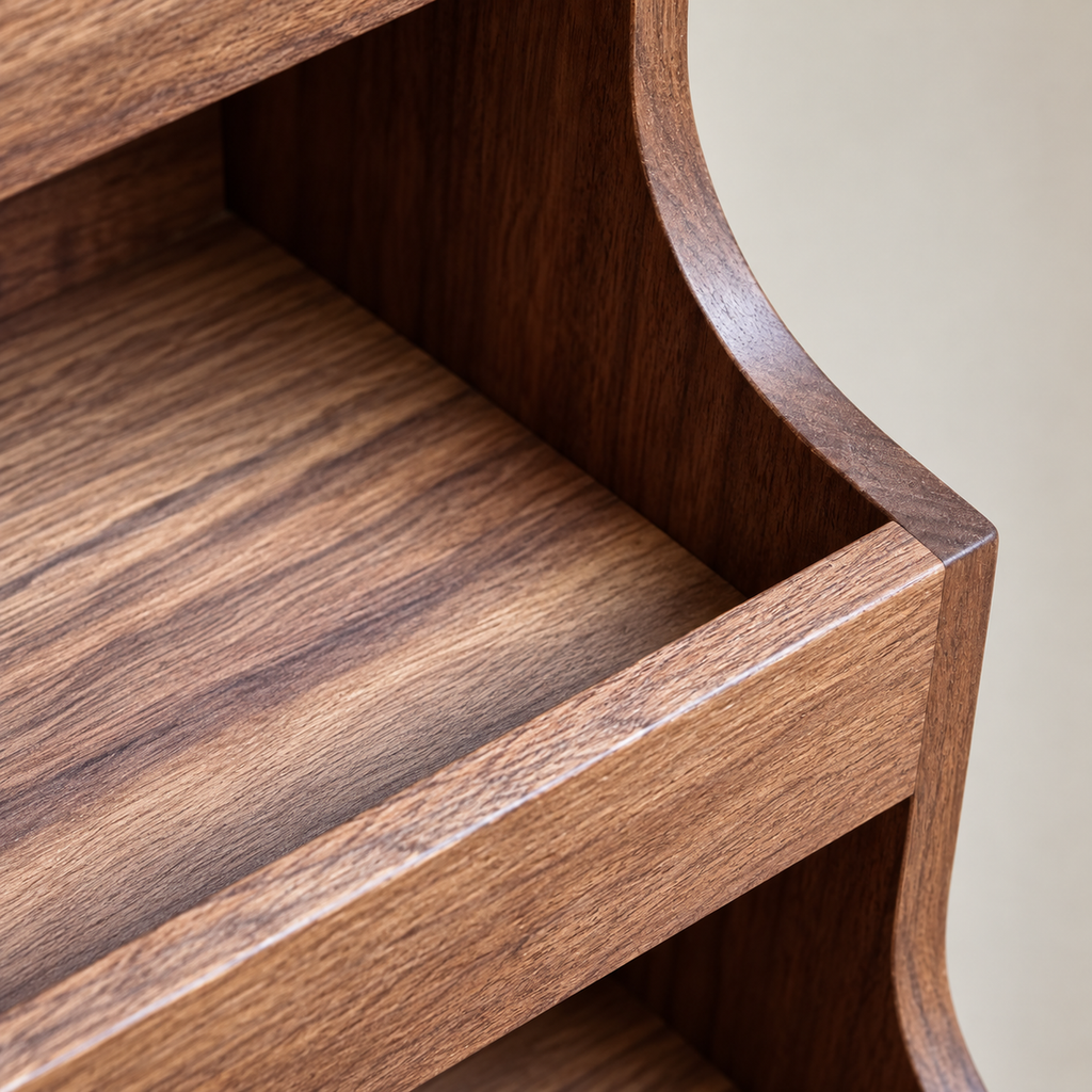 Curved walnut side panel and raised front lip close-up