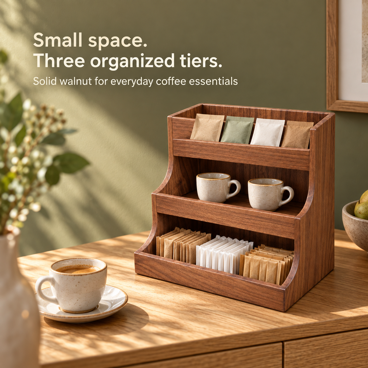Three organized tiers for small coffee essentials in a sunlit coffee nook