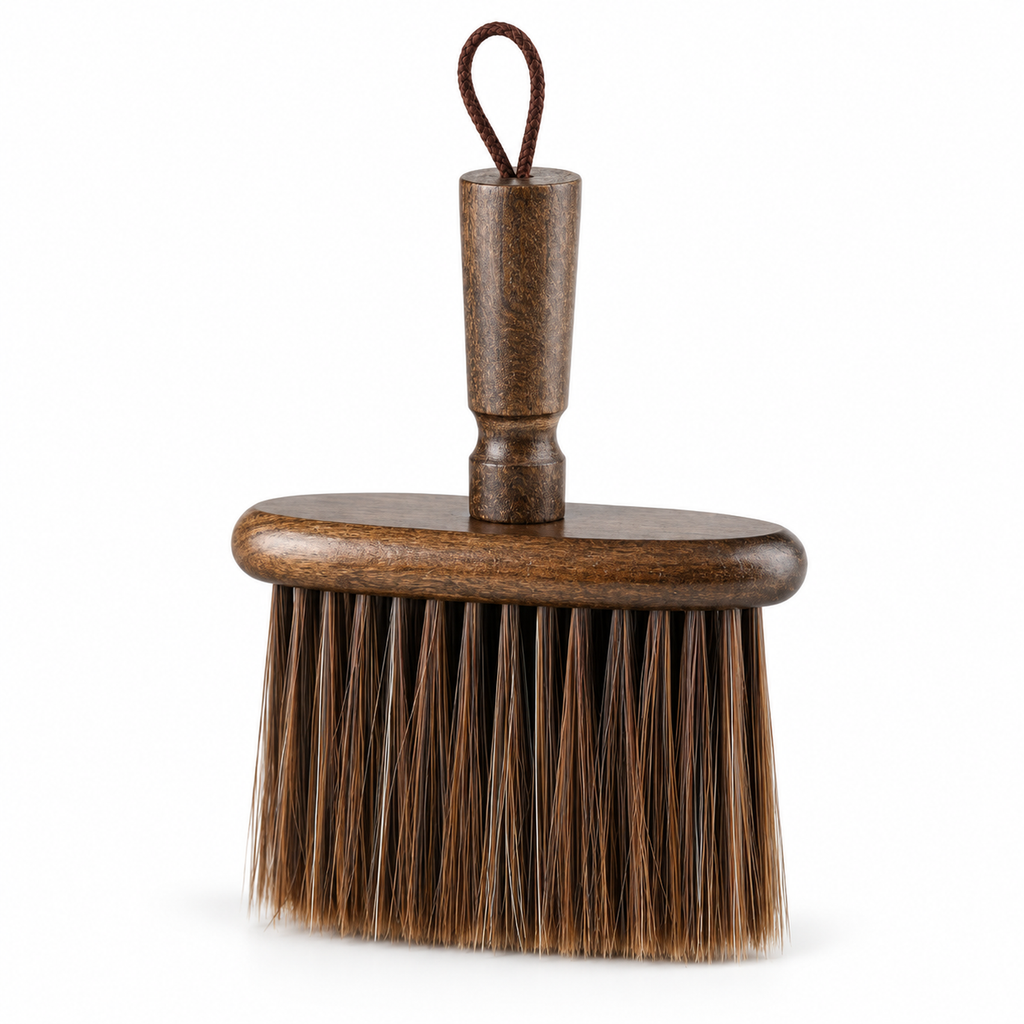 Walnut-brown solid wood coffee bar cleaning brush with PBT bristles on white