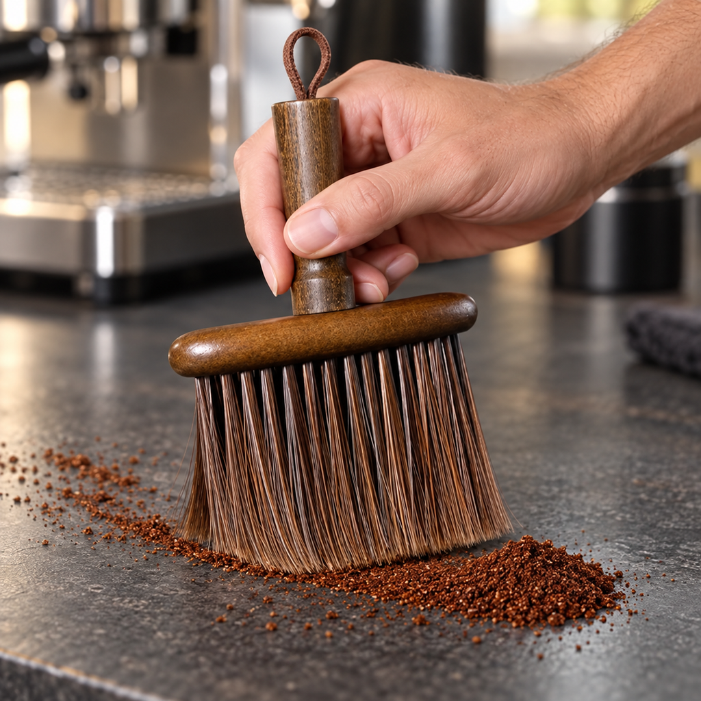 Wide wood-handled brush sweeping loose coffee grounds into a pile on a dark counter