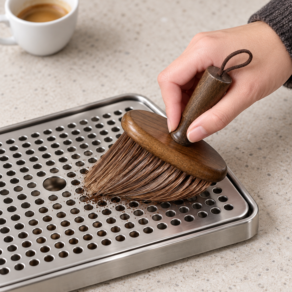 Overhead view of a coffee brush cleaning a removed dry stainless drip tray