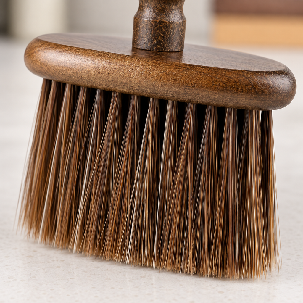 Close-up of fine brown PBT bristles beneath a rounded wooden brush head