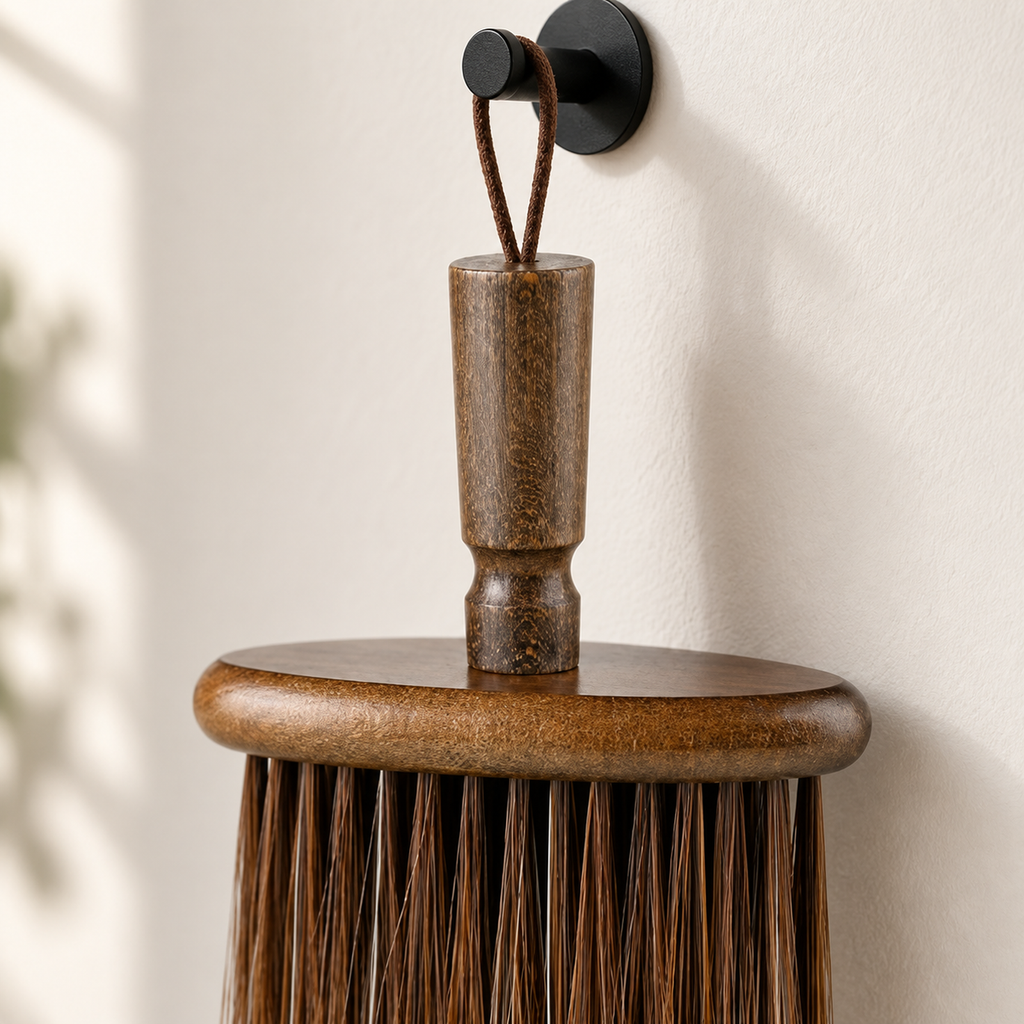 Short turned wood handle and hanging loop on the coffee cleaning brush
