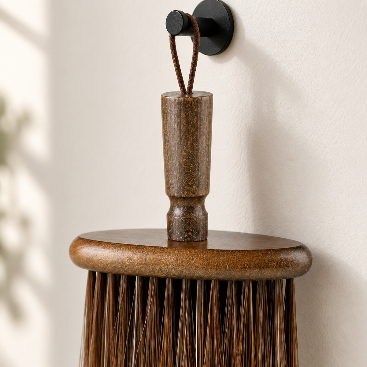 Short turned wood handle and hanging loop on the coffee cleaning brush