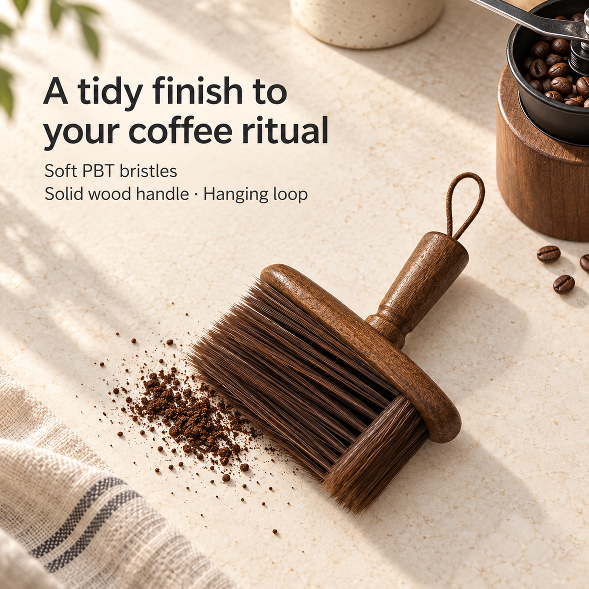 Coffee bar cleanup scene highlighting soft PBT bristles, solid wood handle and hanging loop
