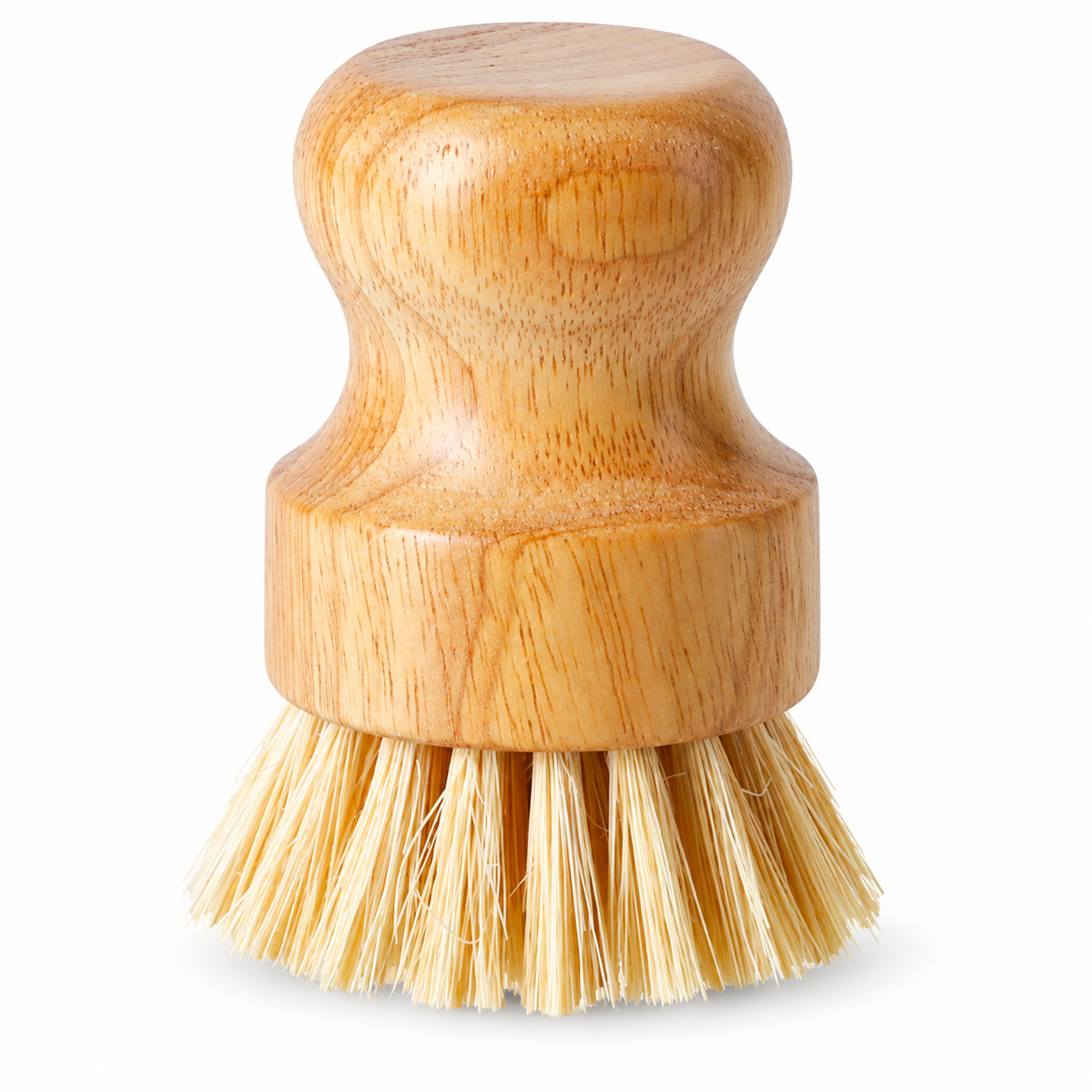 Solid wood palm-handle coffee cleaning brush with pale sisal bristles on a white background
