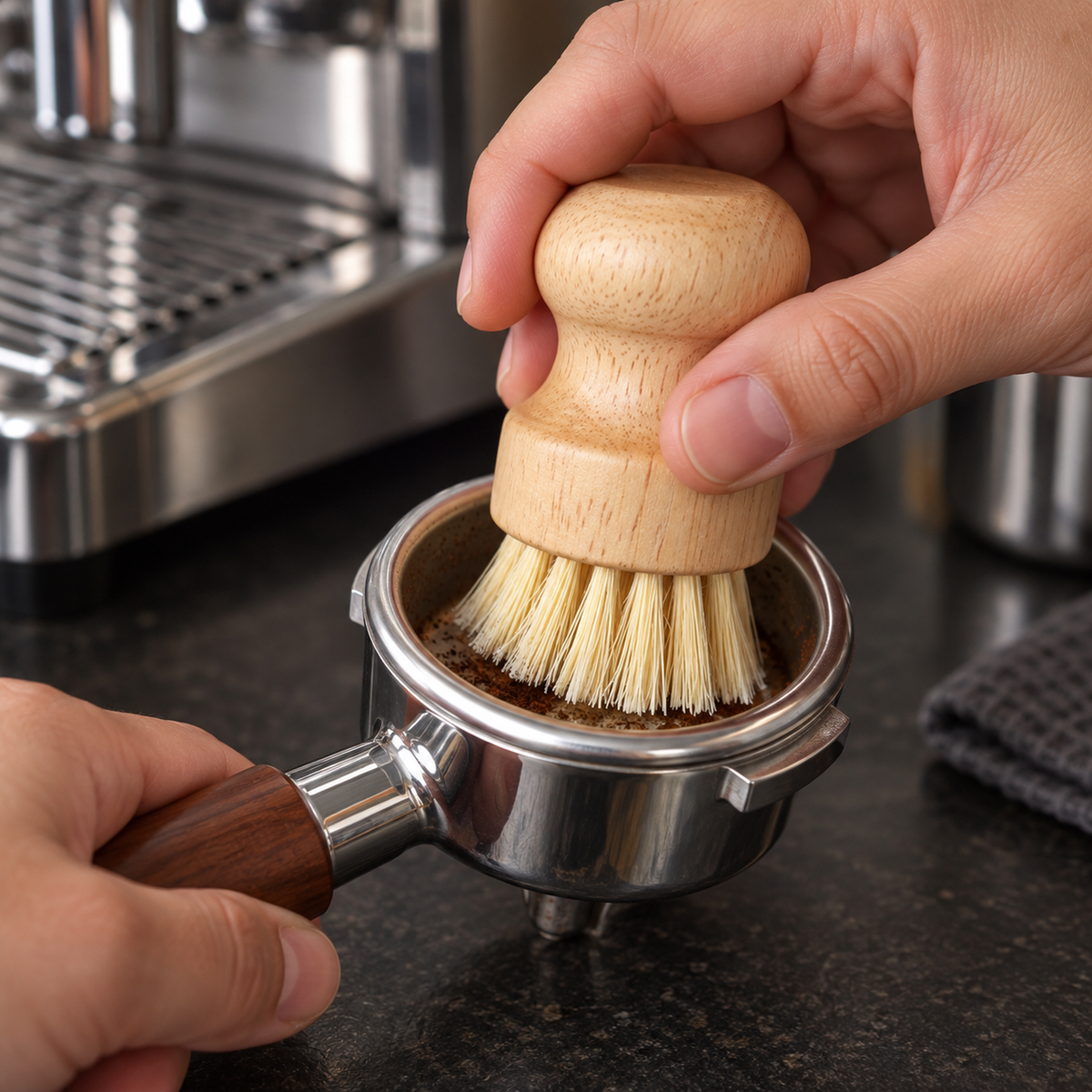 Sisal palm brush used to clean a removable espresso filter basket