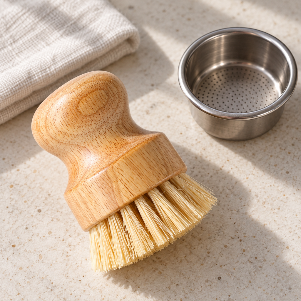 Wood-handle sisal brush beside a detached coffee filter basket on a light countertop