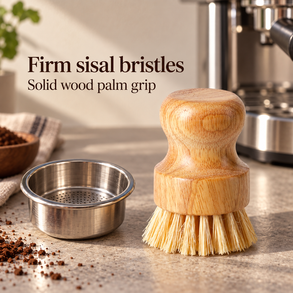 Firm sisal bristle brush with solid wood palm grip in a coffee bar setting