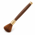 Solid wood handle coffee brush with brown bristles and gold-tone fittings on a white background