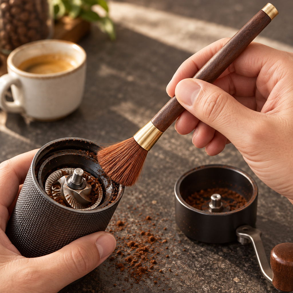 Brown-bristle cleaning brush removing loose grounds from a disassembled manual coffee grinder