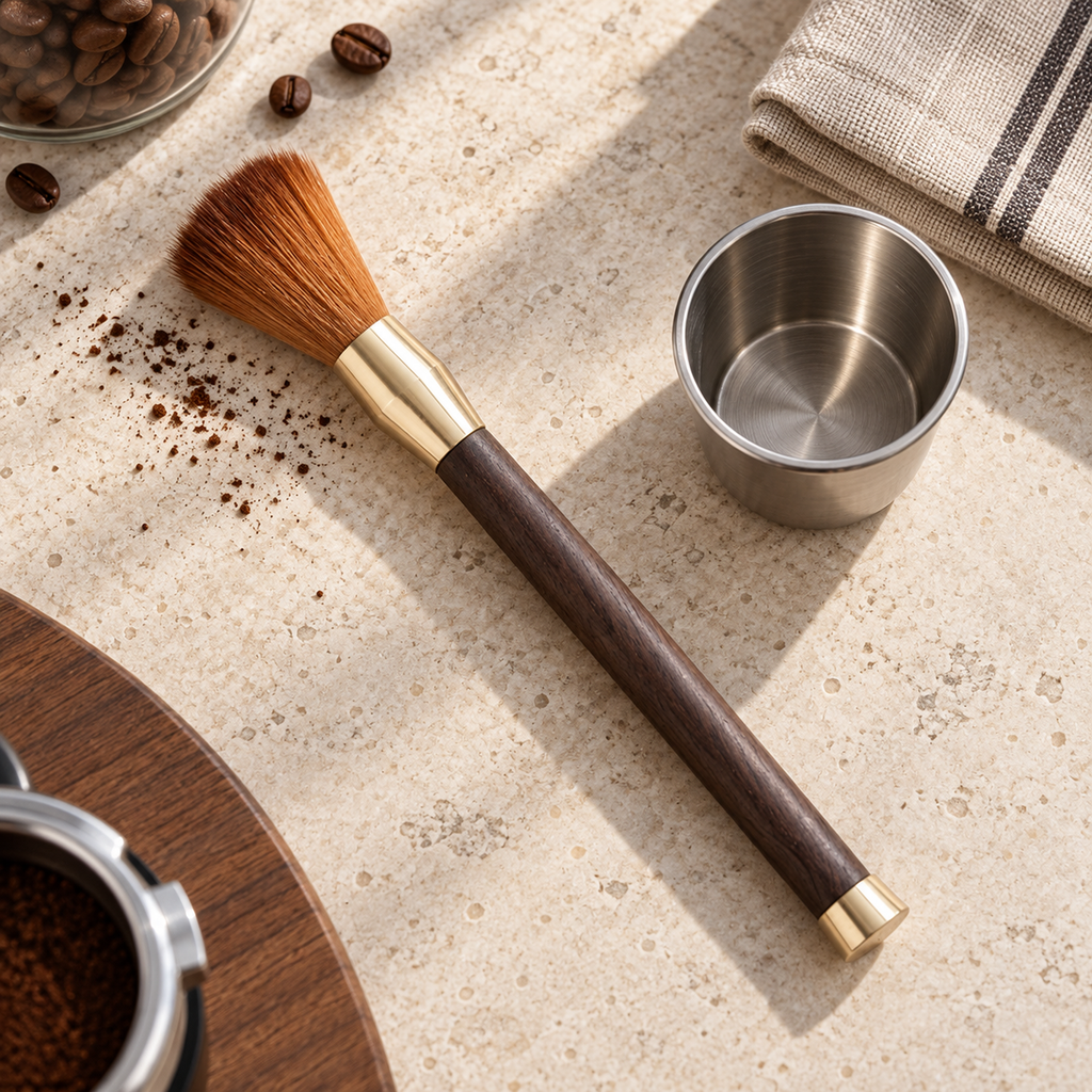Slim wooden coffee brush beside a dosing cup on a light stone coffee bar counter
