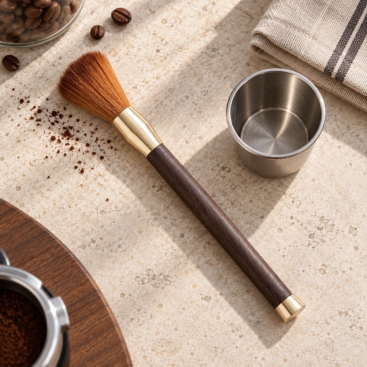 Slim wooden coffee brush beside a dosing cup on a light stone coffee bar counter