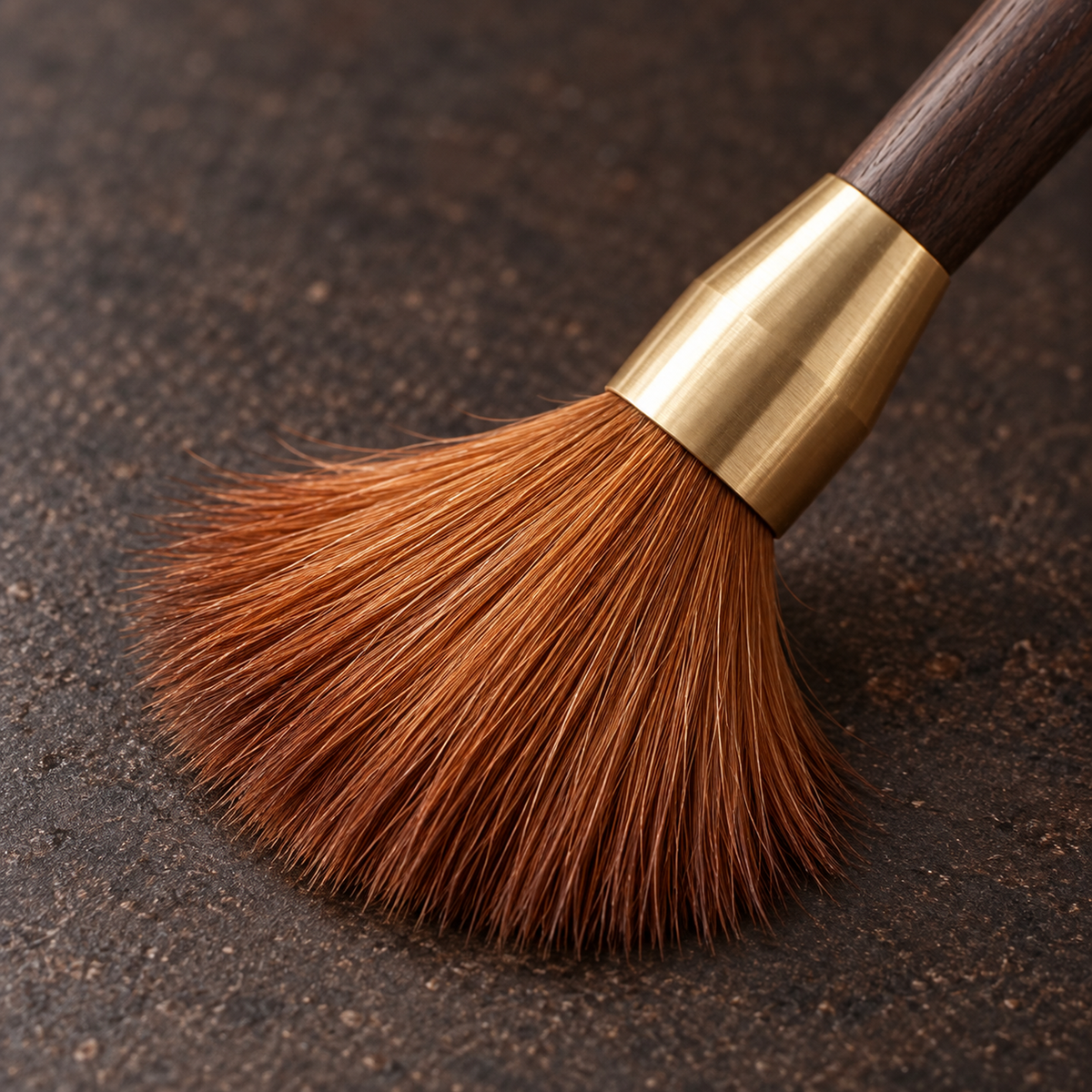Close-up of soft brown bristles and gold-tone ferrule on the coffee cleaning brush