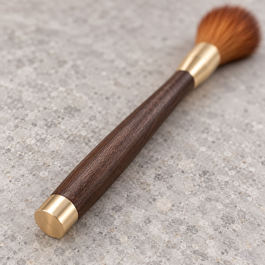 Close-up of the solid wood handle and gold-tone end cap