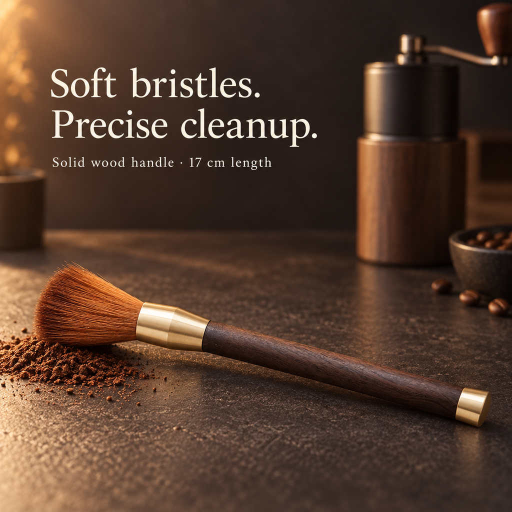 Soft brown-bristle brush with solid wood handle in a coffee bar cleanup scene