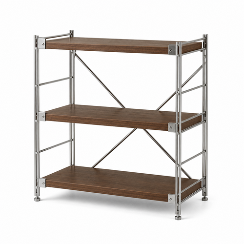 Walnut Brown adjustable three-tier steel and engineered wood coffee bar organizer on white