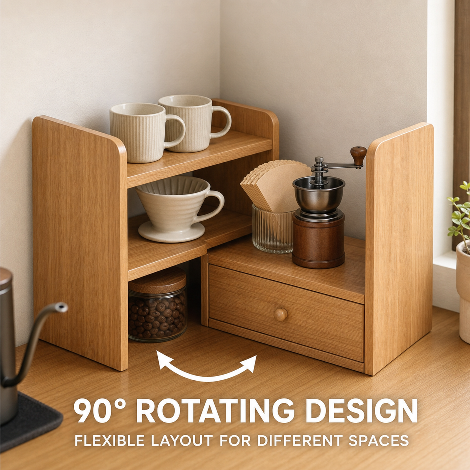 Solid wood coffee organizer in 90 degree corner layout