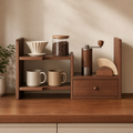 Expandable walnut solid wood coffee corner organizer with drawer and coffee accessories