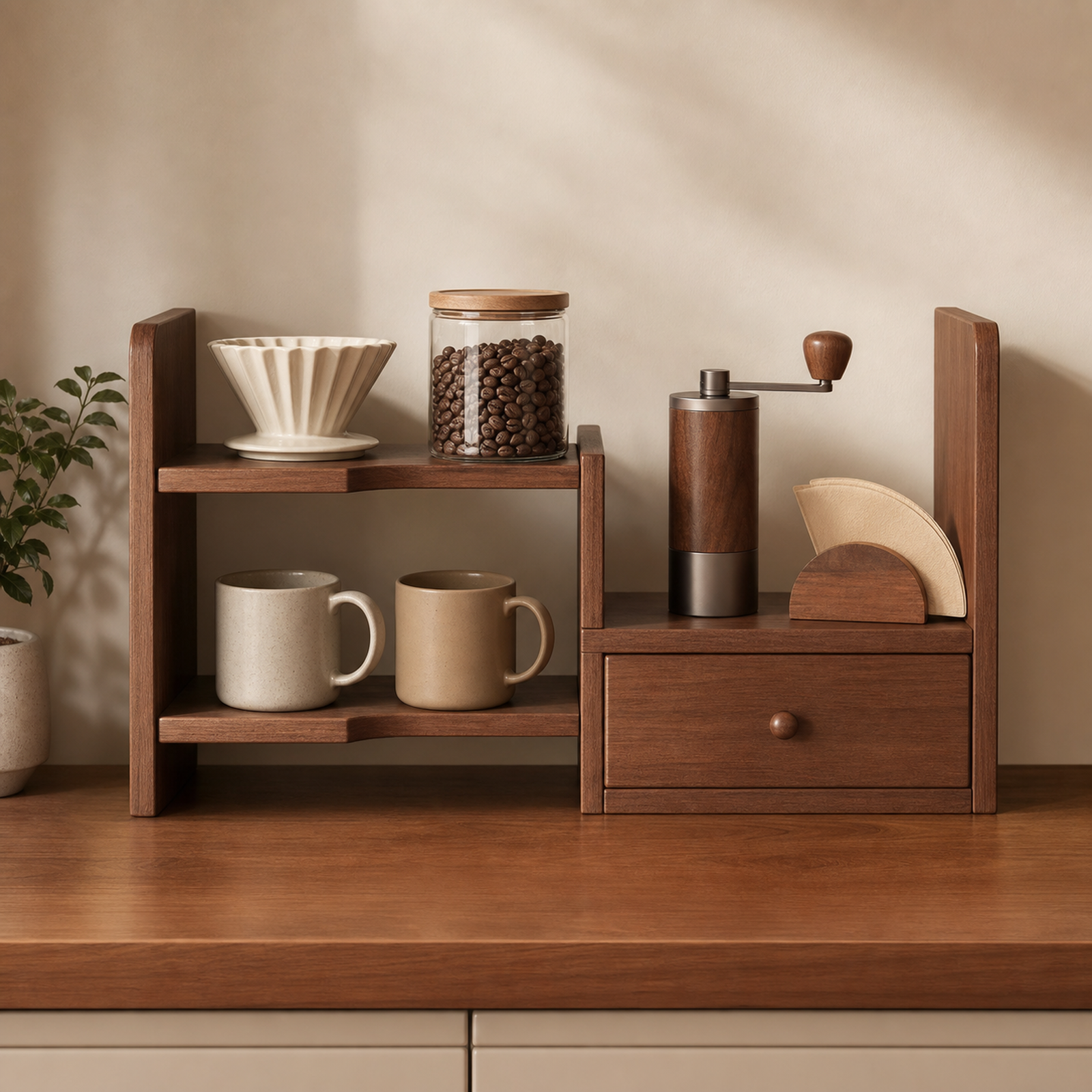 Expandable walnut solid wood coffee corner organizer with drawer and coffee accessories