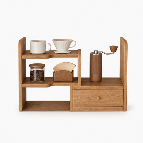 Clean front view of expandable solid wood coffee organizer