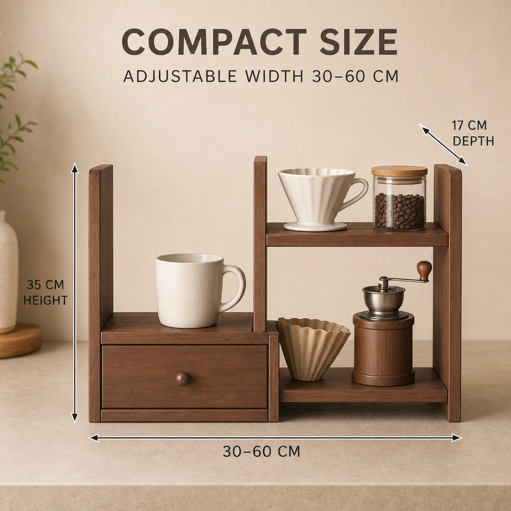 Compact expandable coffee organizer dimensions 30 to 60 cm