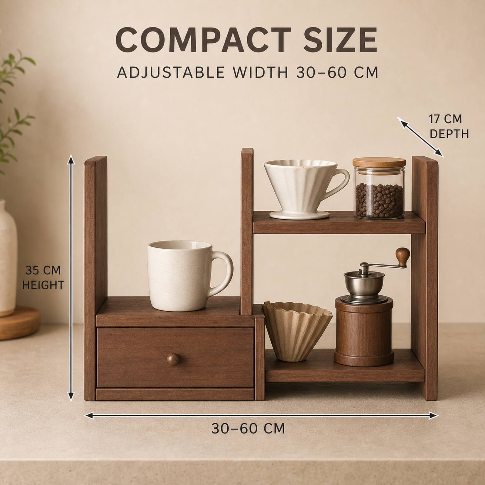 Compact expandable coffee organizer dimensions 30 to 60 cm