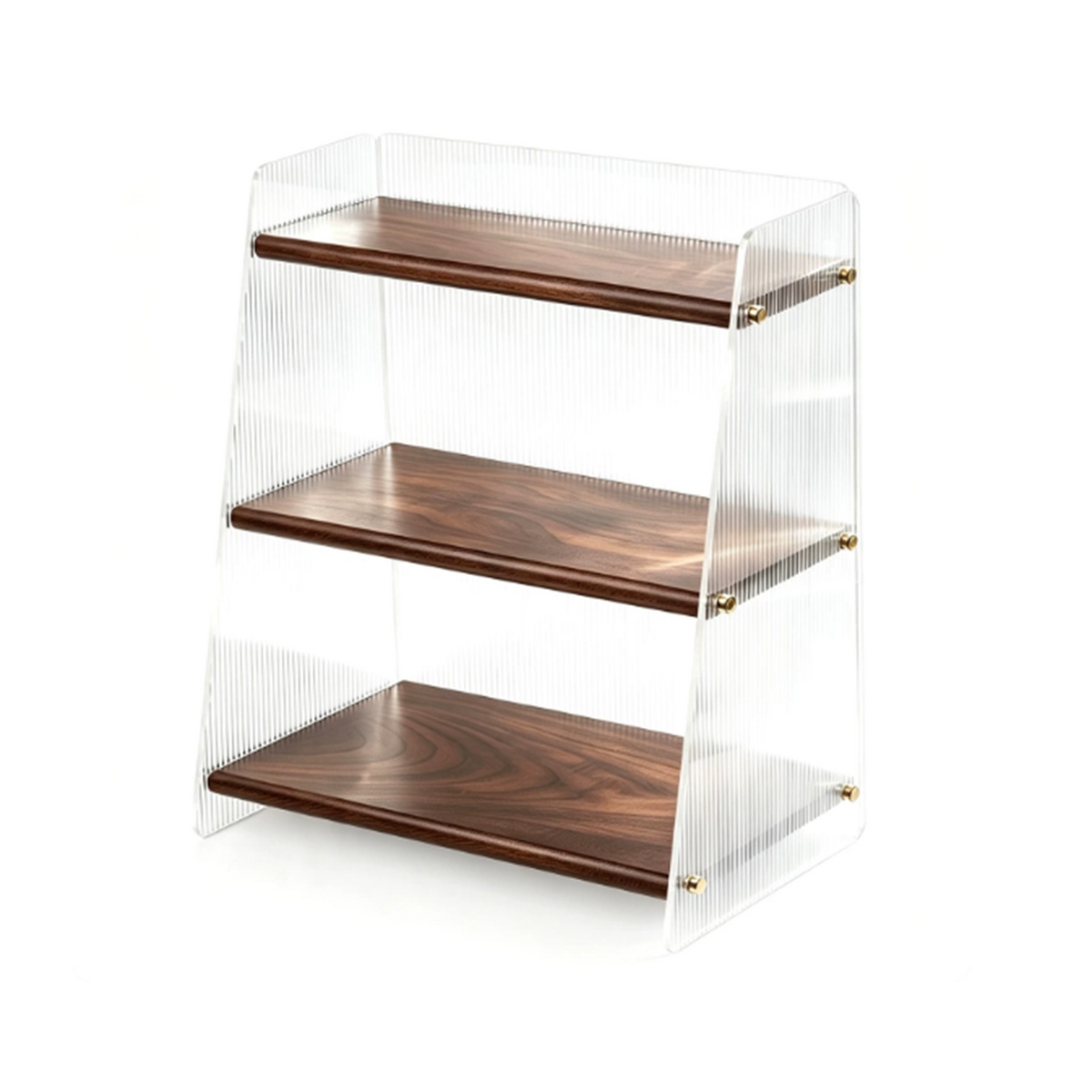 Small solid black walnut and clear acrylic three-tier organizer shelf on white background