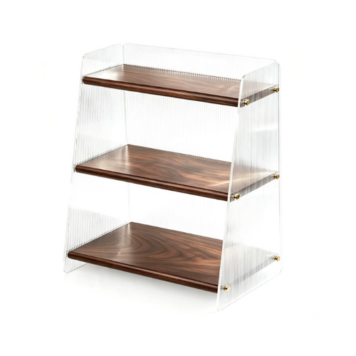Small solid black walnut and clear acrylic three-tier organizer shelf on white background