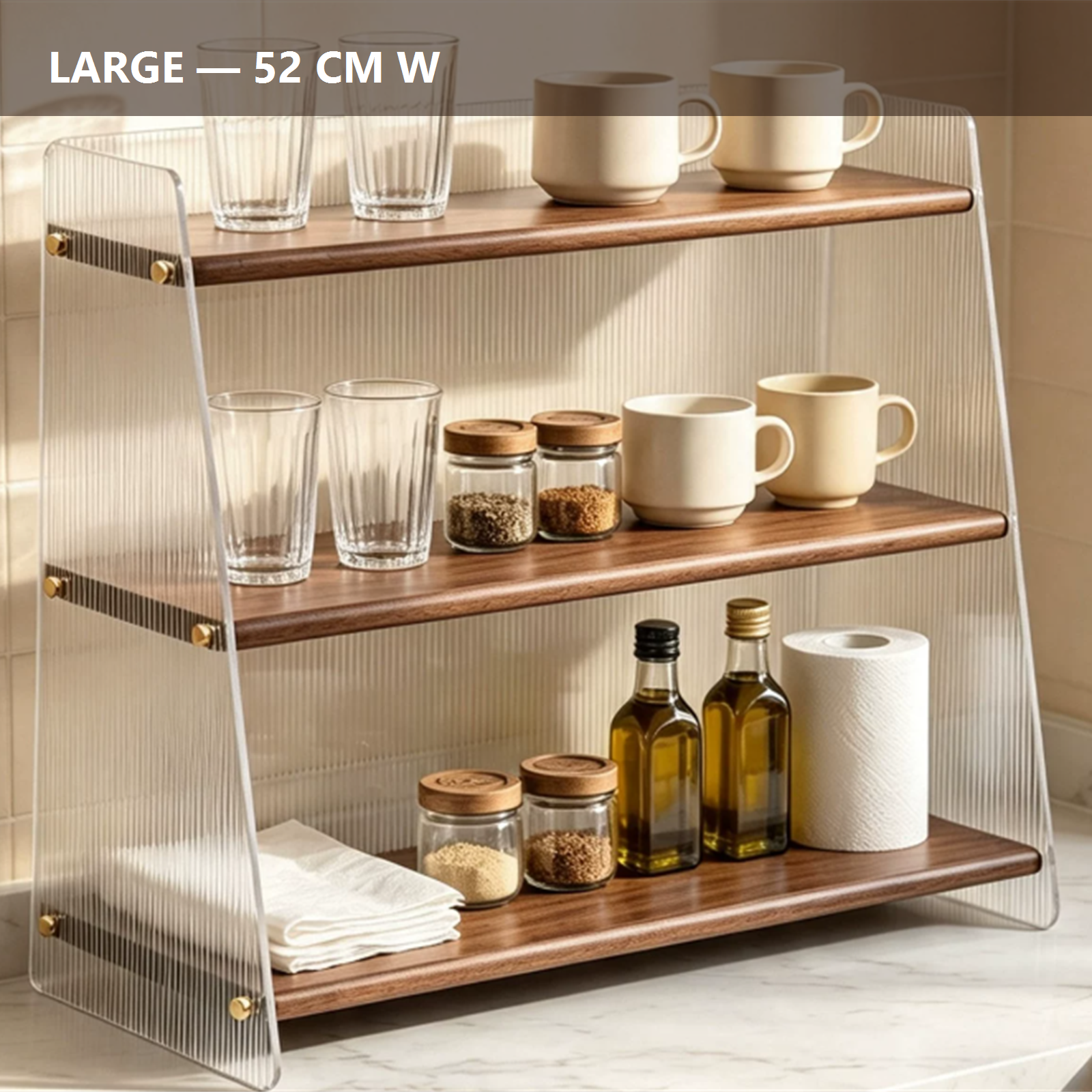Large 52 centimeter black walnut acrylic shelf with cups and coffee supplies