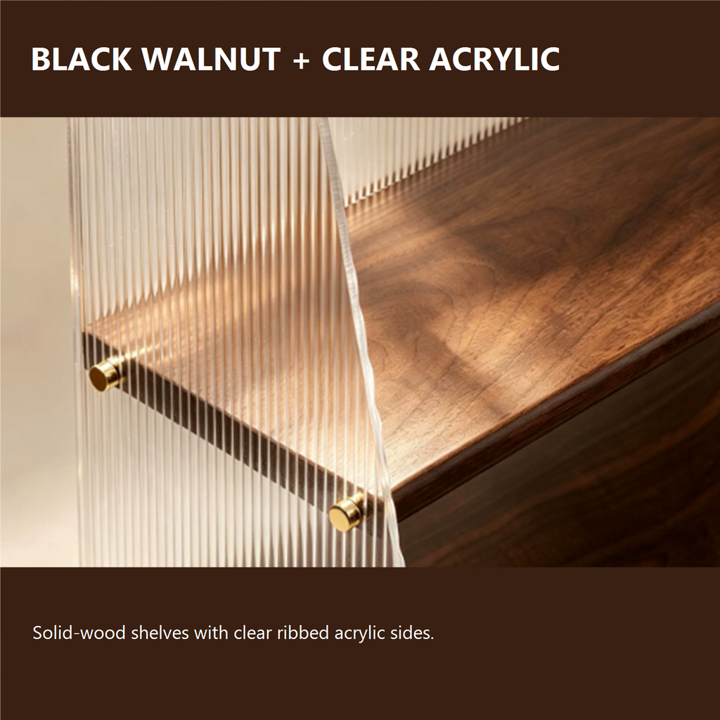 Solid black walnut shelf and clear ribbed acrylic side panel detail
