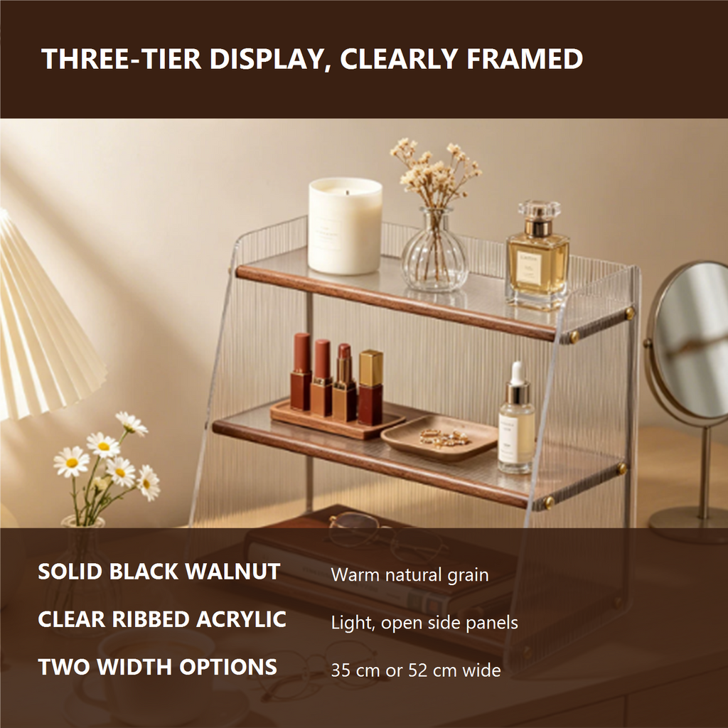 Three-tier black walnut and acrylic organizer features with two width options