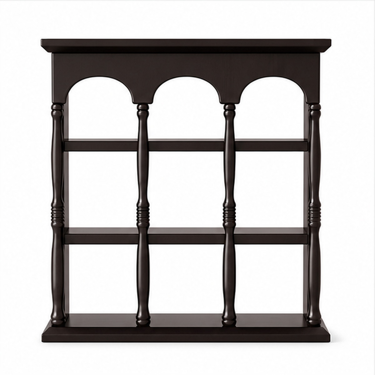 Dark walnut solid rubberwood wall coffee mug display shelf isolated on white