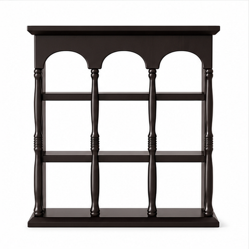 Dark walnut solid rubberwood wall coffee mug display shelf isolated on white