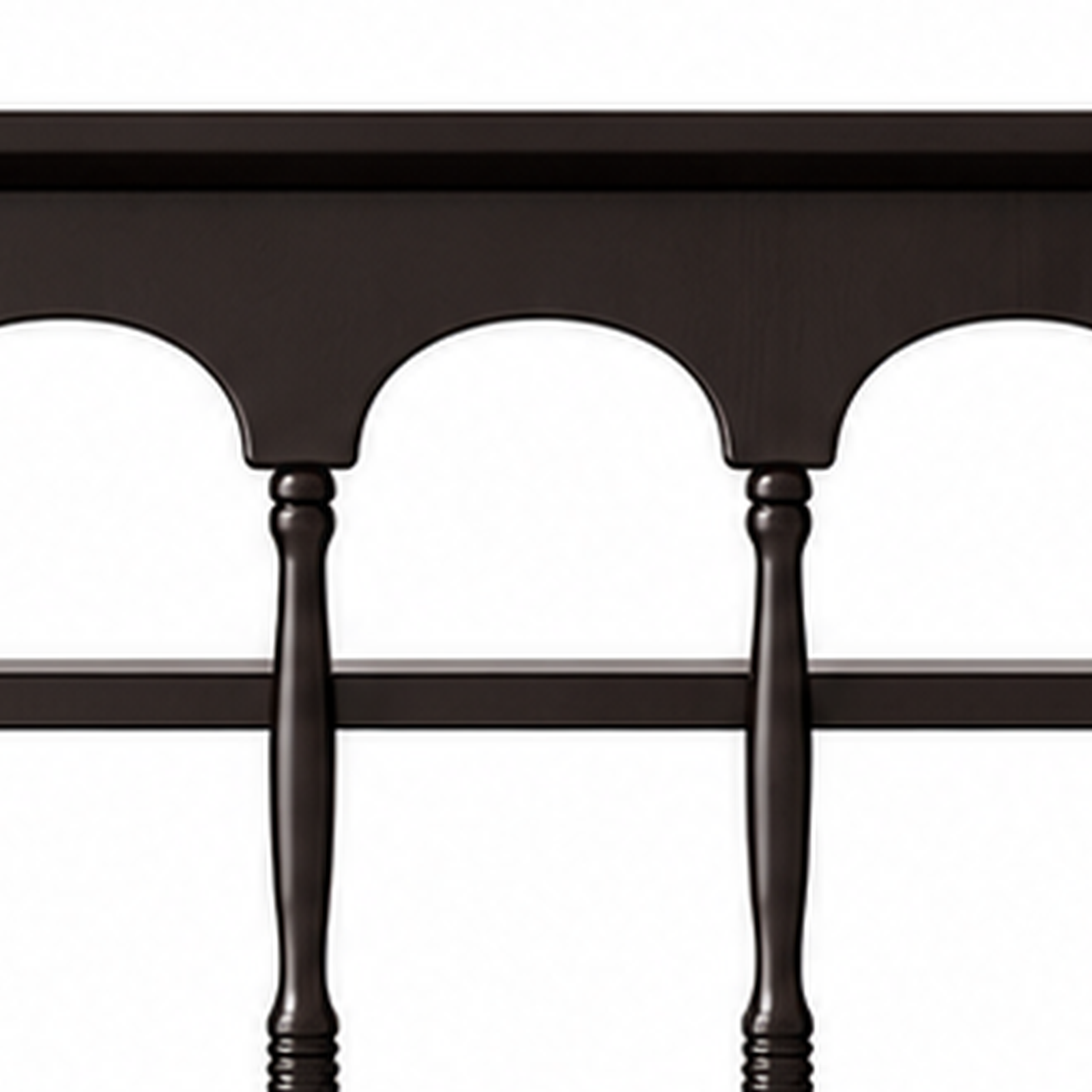 Dark walnut rubberwood arched rail and wood grain detail