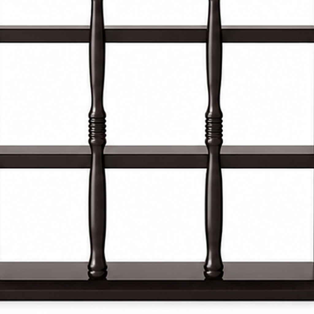 Dark walnut rubberwood turned supports and shelf joinery detail
