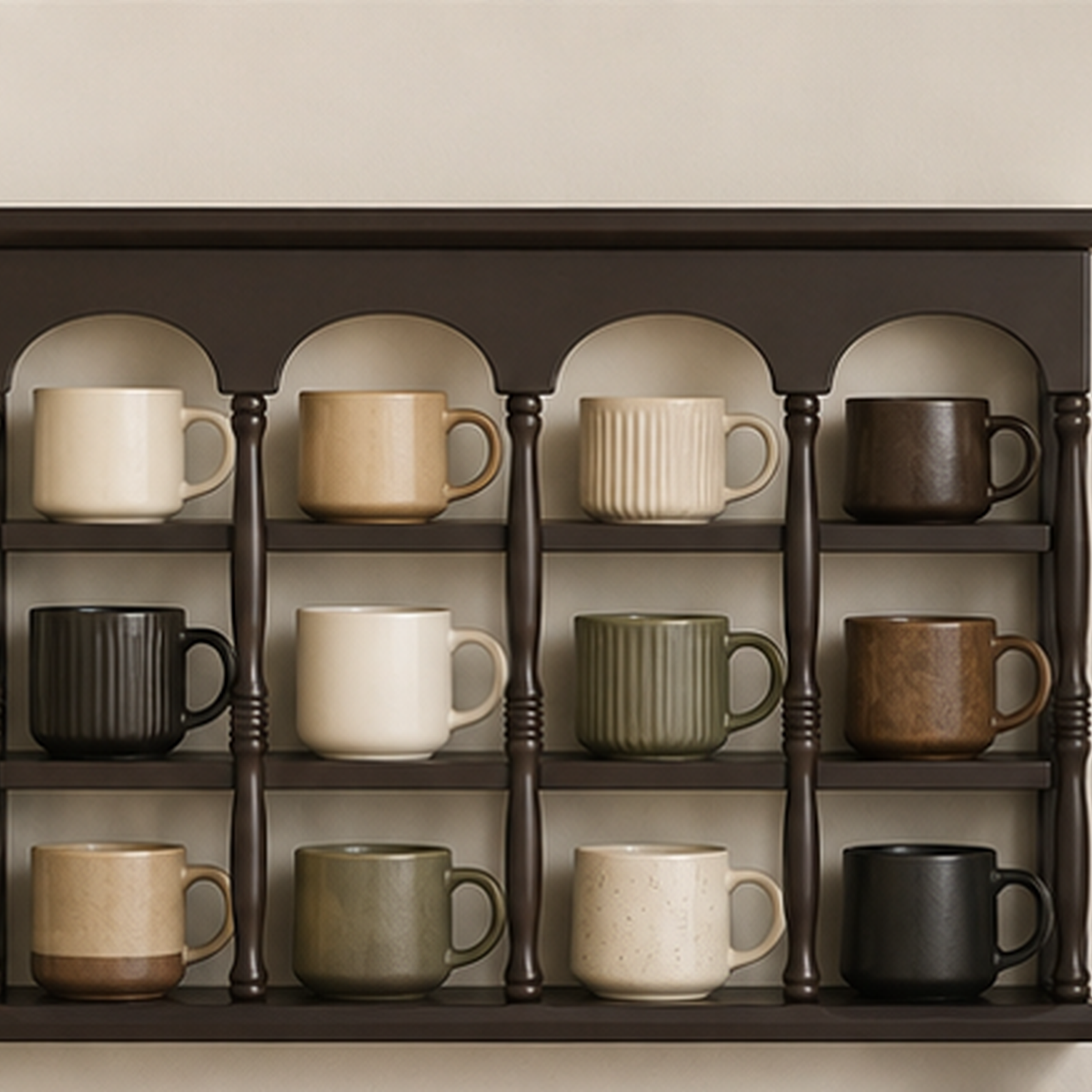 Dark walnut wall coffee shelf capacity for mugs and brewing tools