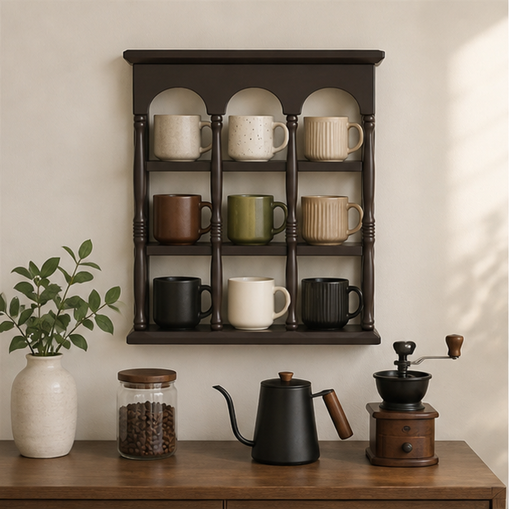 47 cm dark walnut wall coffee mug display shelf above a home coffee bar