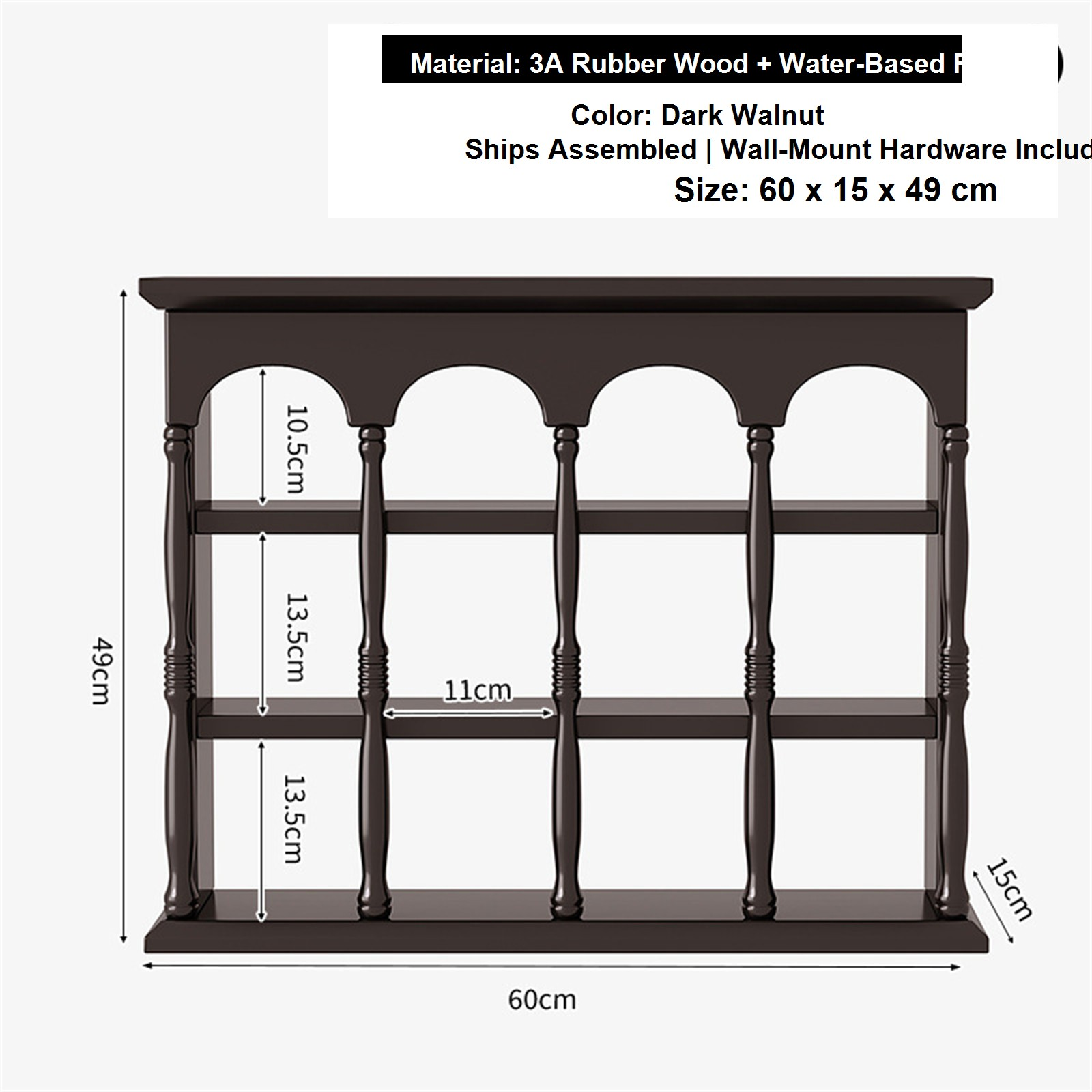 60 cm dark walnut solid rubberwood wall coffee shelf dimensions