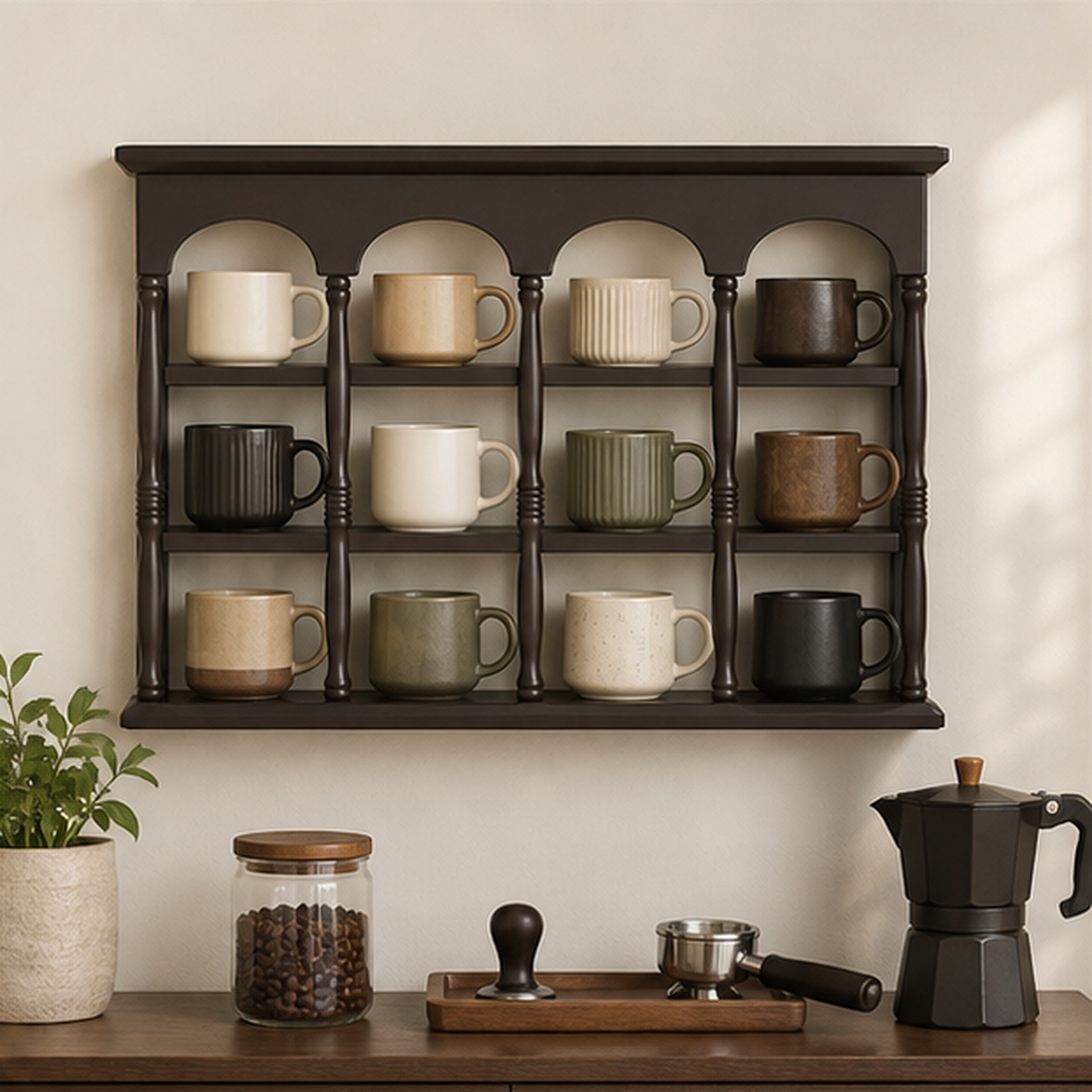 60 cm dark walnut wall coffee mug display shelf above a home coffee bar