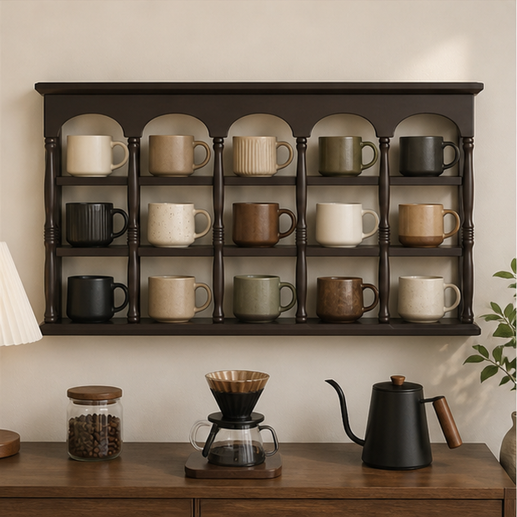 73 cm dark walnut wall coffee mug display shelf above a home coffee bar