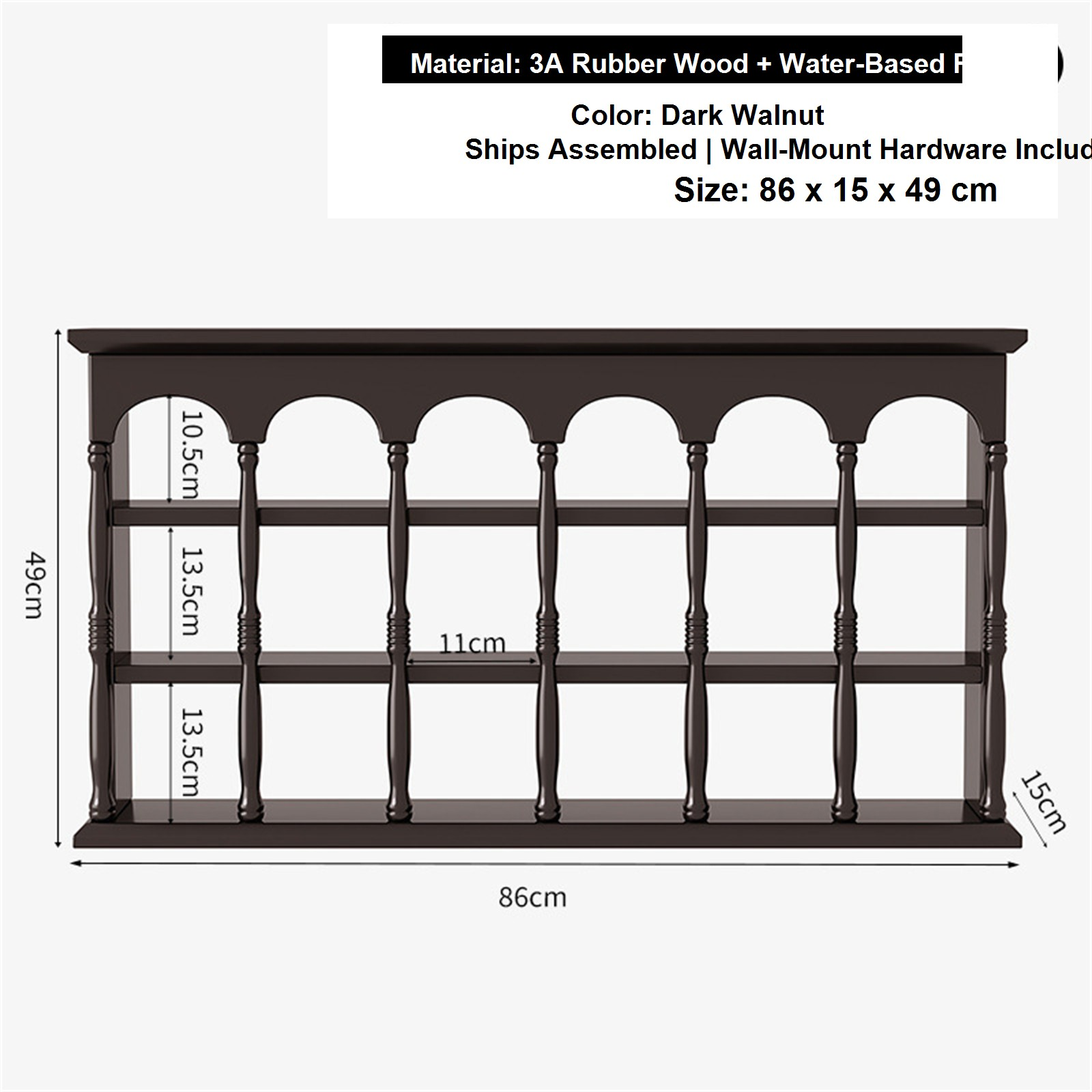 86 cm dark walnut solid rubberwood wall coffee shelf dimensions