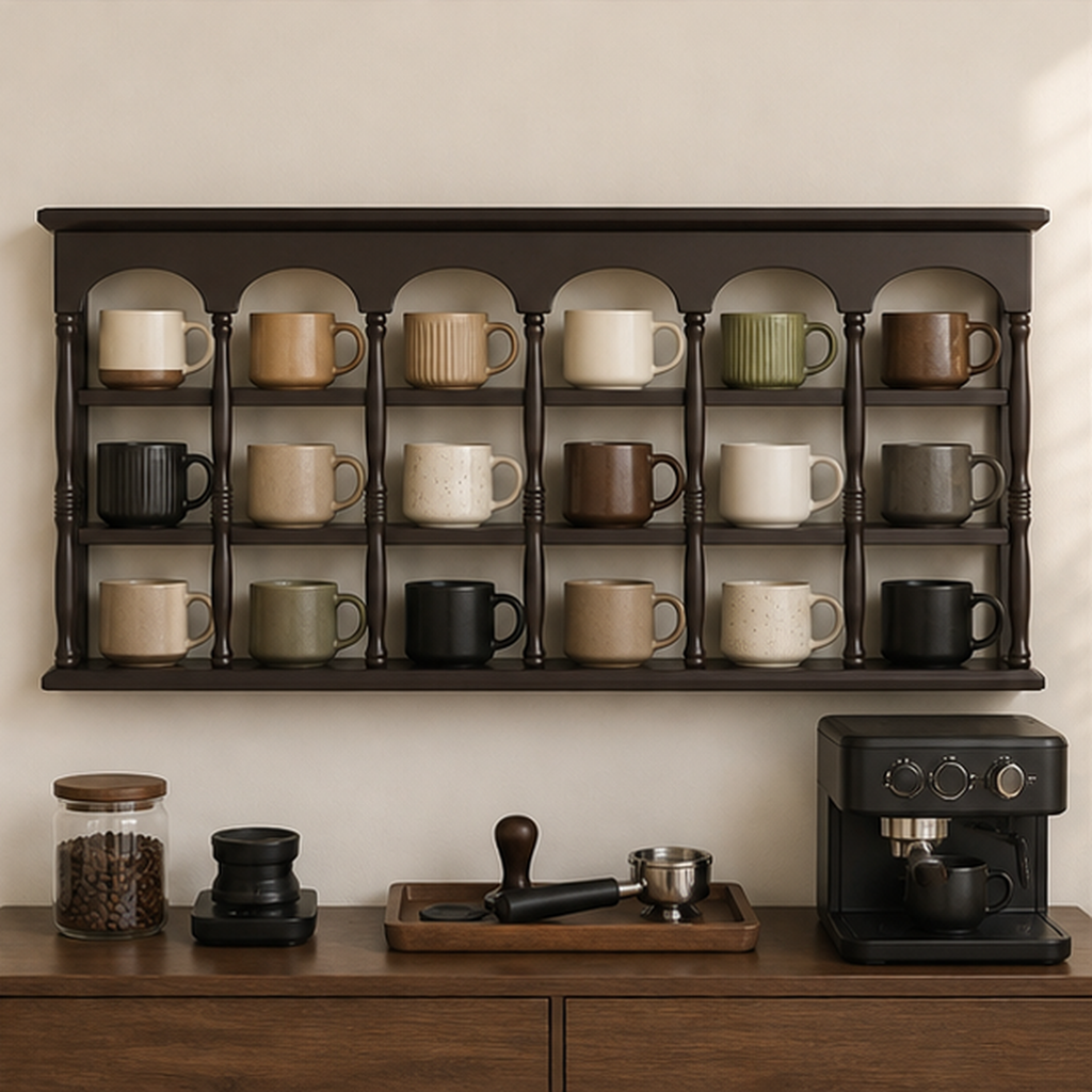 86 cm dark walnut wall coffee mug display shelf above a home coffee bar