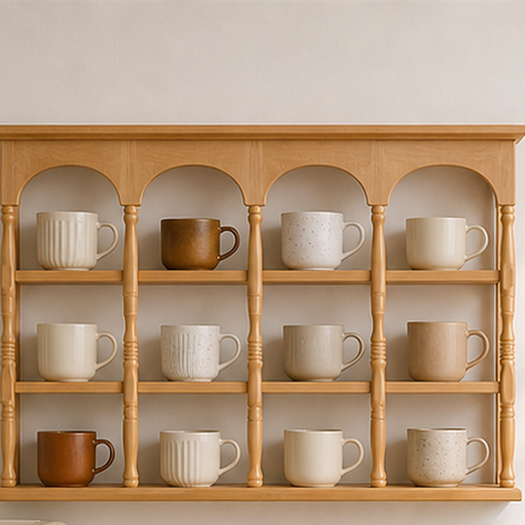 Natural wood wall coffee shelf capacity for mugs and brewing tools
