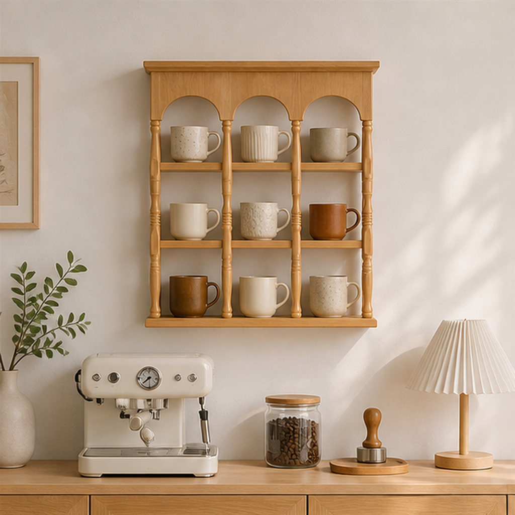 47 cm natural wood wall coffee mug display shelf above a home coffee bar