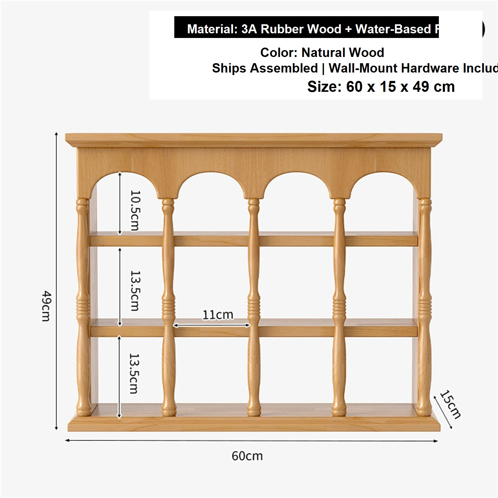 60 cm natural wood solid rubberwood wall coffee shelf dimensions