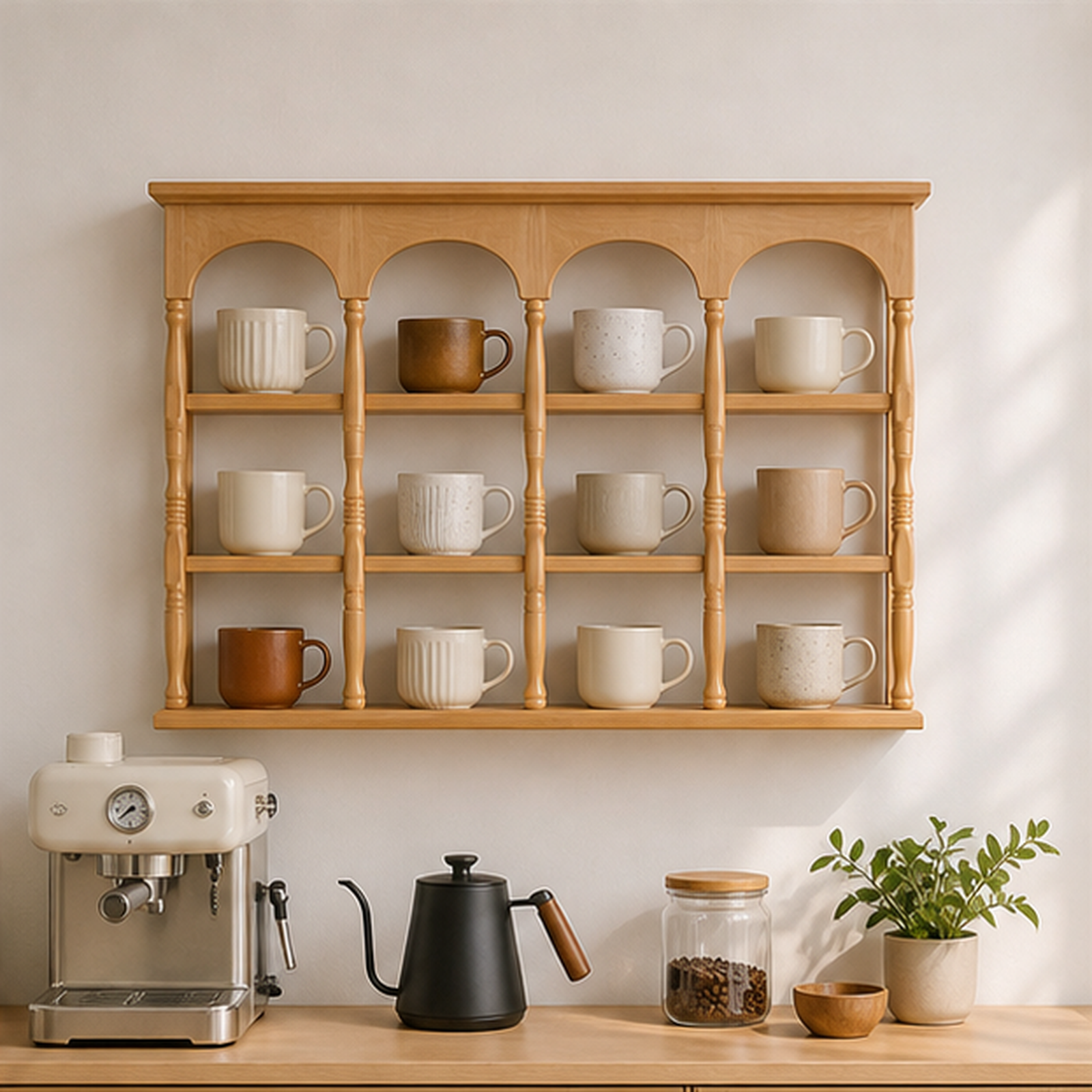 60 cm natural wood wall coffee mug display shelf above a home coffee bar